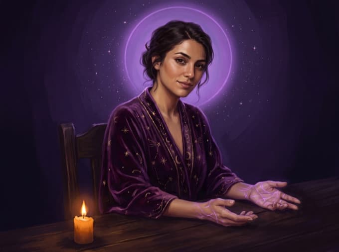 An astrologer at a candlelit table, reading a chart