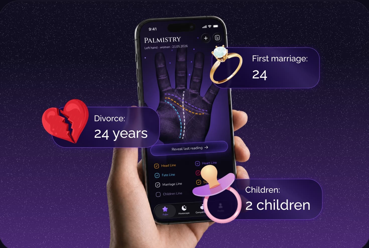 A phone held in hand showing the palm scan, with first marriage at 24, divorce at 24 years and two children marked